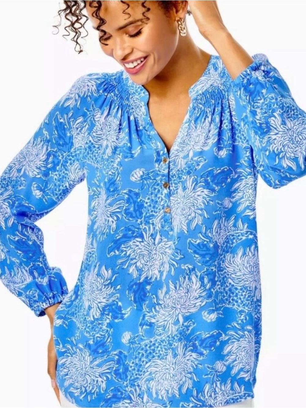 Lilly Pullitzer L/S Elsa Silk Top Blouse Blue White with Smocking Medium